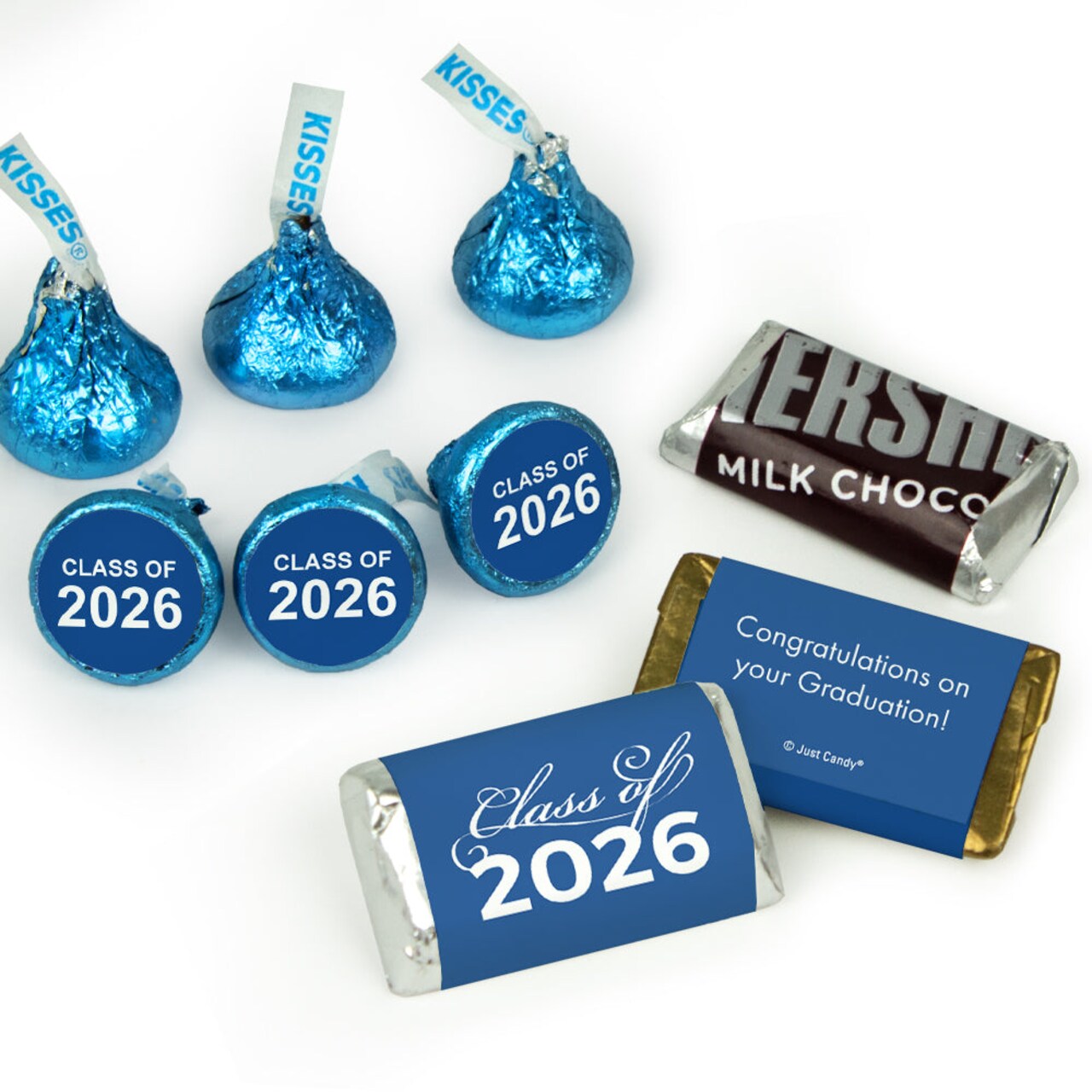 85 Pcs Graduation Candy Party Favors Milk Chocolate Hershey's Kisses with Stickers - Blue Class of 2025